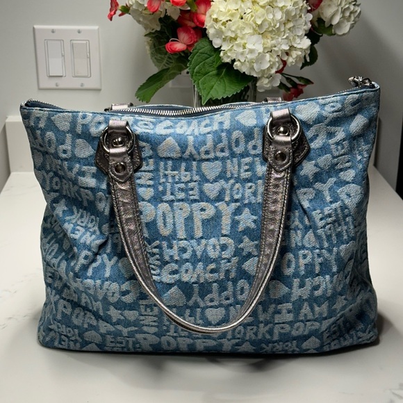 Coach 16988 Poppy Denim Blue and Silver Tote Shoulder Bag - Picture 2 of 16